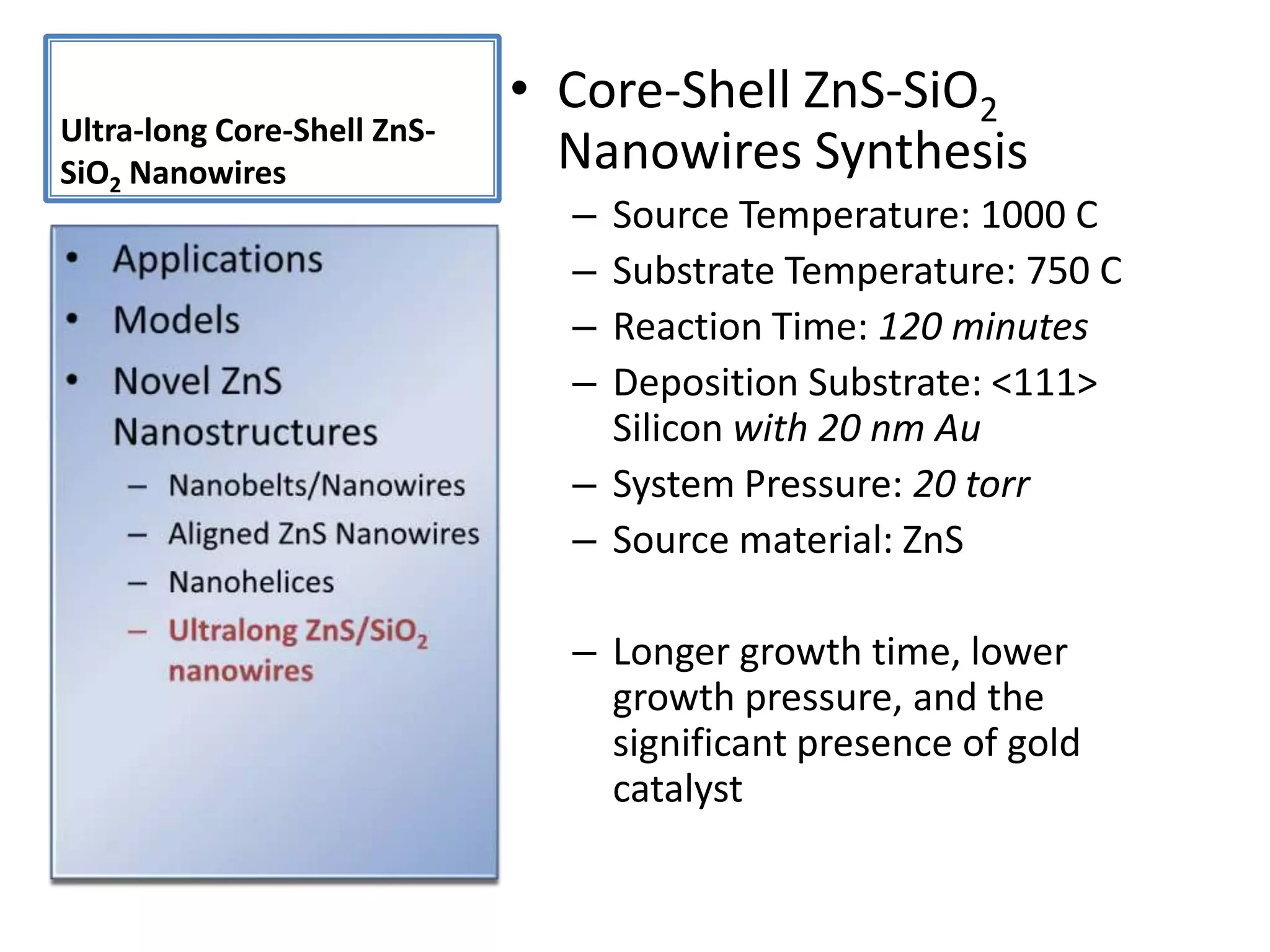 Hierarchical Structured ZnS NanohelicesZnS Hierarchical Nanohelices SynthesisSource Temperature: 1000 CSubstrate Temperature: 750 CReaction Time: 120 minutesDeposition Substrate: &lt;111&gt; Silicon with 1.5 nm AuSystem Pressure: 20 torrSource material: ZnSLonger growth time, lower growth pressure, and the presence of gold catalystApplications