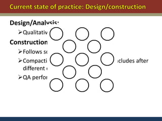 Design/Analysis:
  Qualitative procedure
Construction and QC/QA:
  Follows square impact point spacing
  Compaction at each impact point concludes after
   different criteria:
  QA performed by SPT
 