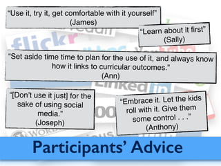 Participants’ Advice
“Use it, try it, get comfortable with it yourself”!
(James)
“Learn about it ﬁrst”!
(Sally)
“Set aside time time to plan for the use of it, and always know
how it links to curricular outcomes.”!
(Ann)
“[Don’t use it just] for the
sake of using social
media.”!
(Joseph)
“Embrace it. Let the kids
roll with it. Give them
some control . . .”!
(Anthony)
 