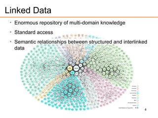 4
Linked Data

Enormous repository of multi-domain knowledge

Standard access

Semantic relationships between structured and interlinked
data
 