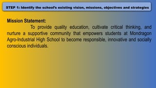 STEP 1: Identify the school’s existing vision, missions, objectives and strategies
Mission Statement:
To provide quality education, cultivate critical thinking, and
nurture a supportive community that empowers students at Mondragon
Agro-Industrial High School to become responsible, innovative and socially
conscious individuals.
 