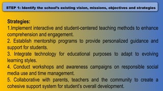 STEP 1: Identify the school’s existing vision, missions, objectives and strategies
Strategies:
1.Implement interactive and student-centered teaching methods to enhance
comprehension and engagement.
2. Establish mentorship programs to provide personalized guidance and
support for students.
3. Integrate technology for educational purposes to adapt to evolving
learning styles.
4. Conduct workshops and awareness campaigns on responsible social
media use and time management.
5. Collaborative with parents, teachers and the community to create a
cohesive support system for student’s overall development.
 