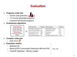 Evalua5on	
Ø  Programs under test
–  Csmith code generator
–  111 Csmith generated programs
–  6 Cbench benchmark programs
Ø  Evolutionary algorithms
Ø  Compiler under test
–  GCC 4.8.4
Ø  Evaluation metrics
–  Speedup (S)
–  Memory/CPU Consumption Reduction (MR and CR)
–  Tradeoff <Speedup – Memory usage>
38	
Mono	Objec^ve	
Novelty	Search	(NS)	
Gene^c	Algo	(GA)	
Random	Search	(RS)	
Mul^	Objec^ve	
Novelty	Search	(NS-II)	
NSGA-II	
Over	-O0	
 