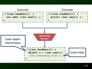Concrete                        Concrete
if(iter.hasNext()) {             if(iter.hasNext()) {
  set.add( iter.next() );          print( iter.next() );
}                                }




                         Abstraction
 Least-upper-             Operator
 bound types

                if(iter.hasNext()) {
                  Object o = iter.next();       Insert Hole
                  //Do something with o
                }

                                                              113
 