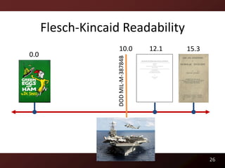 Flesch-Kincaid Readability
                     10.0              12.1   15.3
0.0




                    DOD MIL-M-38784B




                                                     26
 