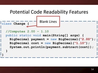 Potential Code Readability Features

class Change {
                     Blank Lines

    //Computes 2.00 – 1.10
    public static void main(String[] args) {
      BigDecimal payment = new BigDecimal(“2.00”);
      BigDecimal cost = new BigDecimal(“1.10”);
      System.out.println(payment.subtract(cost));
    }
}



                                               54
 