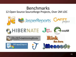 Benchmarks
12 Open Source Sourceforge Projects, Over 2M LOC




                                                   61
 