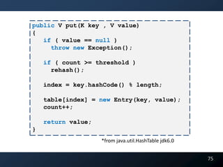 public V put(K key , V value)
{
   if ( value == null )
     throw new Exception();

    if ( count >= threshold )
      rehash();

    index = key.hashCode() % length;

    table[index] = new Entry(key, value);
    count++;

    return value;
}
                    *from java.util.HashTable jdk6.0


                                                       75
 