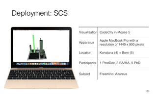 103
Visualization CodeCity in Moose 5
Apparatus
Apple MacBook Pro with a
resolution of 1440 x 900 pixels
Location Konstanz (4) + Bern (5)
Participants 1 PostDoc, 3 BA/MA, 5 PhD
Subject Freemind, Azureus
Deployment: SCS
 
