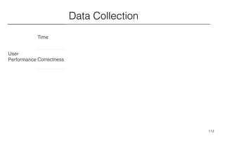112
Data Collection
User
Performance
Time
Correctness
Recollection
User
Experience
Difﬁculty
Emotions
 