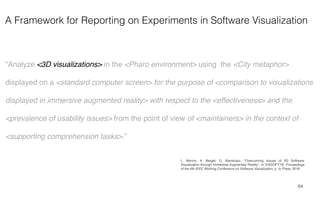 A Framework for Reporting on Experiments in Software Visualization
64
“Analyze <3D visualizations> in the <Pharo environment> using the <City metaphor>
displayed on a <standard computer screen> for the purpose of <comparison to visualizations
displayed in immersive augmented reality> with respect to the <effectiveness> and the
<prevalence of usability issues> from the point of view of <maintainers> in the context of
<supporting comprehension tasks>.”
L. Merino, A. Bergel, O. Nierstrasz. “Overcoming Issues of 3D Software
Visualization through Immersive Augmented Reality”. In VISSOFT'18: Proceedings
of the 6th IEEE Working Conference on Software Visualization, p. In Press, 2018.
 