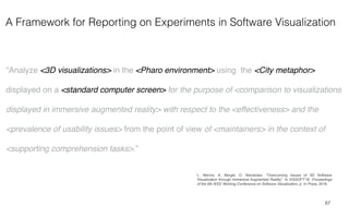 A Framework for Reporting on Experiments in Software Visualization
67
“Analyze <3D visualizations> in the <Pharo environment> using the <City metaphor>
displayed on a <standard computer screen> for the purpose of <comparison to visualizations
displayed in immersive augmented reality> with respect to the <effectiveness> and the
<prevalence of usability issues> from the point of view of <maintainers> in the context of
<supporting comprehension tasks>.”
L. Merino, A. Bergel, O. Nierstrasz. “Overcoming Issues of 3D Software
Visualization through Immersive Augmented Reality”. In VISSOFT'18: Proceedings
of the 6th IEEE Working Conference on Software Visualization, p. In Press, 2018.
 