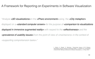 A Framework for Reporting on Experiments in Software Visualization
69
“Analyze <3D visualizations> in the <Pharo environment> using the <City metaphor>
displayed on a <standard computer screen> for the purpose of <comparison to visualizations
displayed in immersive augmented reality> with respect to the <effectiveness> and the
<prevalence of usability issues> from the point of view of <maintainers> in the context of
<supporting comprehension tasks>.”
L. Merino, A. Bergel, O. Nierstrasz. “Overcoming Issues of 3D Software
Visualization through Immersive Augmented Reality”. In VISSOFT'18: Proceedings
of the 6th IEEE Working Conference on Software Visualization, p. In Press, 2018.
 
