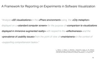 A Framework for Reporting on Experiments in Software Visualization
70
“Analyze <3D visualizations> in the <Pharo environment> using the <City metaphor>
displayed on a <standard computer screen> for the purpose of <comparison to visualizations
displayed in immersive augmented reality> with respect to the <effectiveness> and the
<prevalence of usability issues> from the point of view of <maintainers> in the context of
<supporting comprehension tasks>.”
L. Merino, A. Bergel, O. Nierstrasz. “Overcoming Issues of 3D Software
Visualization through Immersive Augmented Reality”. In VISSOFT'18: Proceedings
of the 6th IEEE Working Conference on Software Visualization, p. In Press, 2018.
 