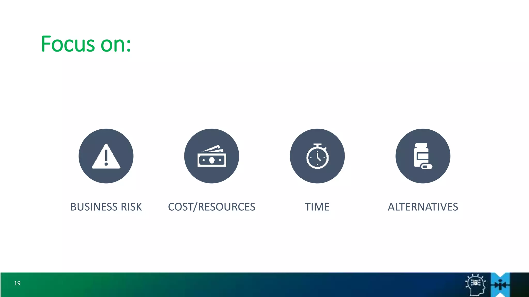 19
Focus on:
BUSINESS RISK COST/RESOURCES TIME ALTERNATIVES
 