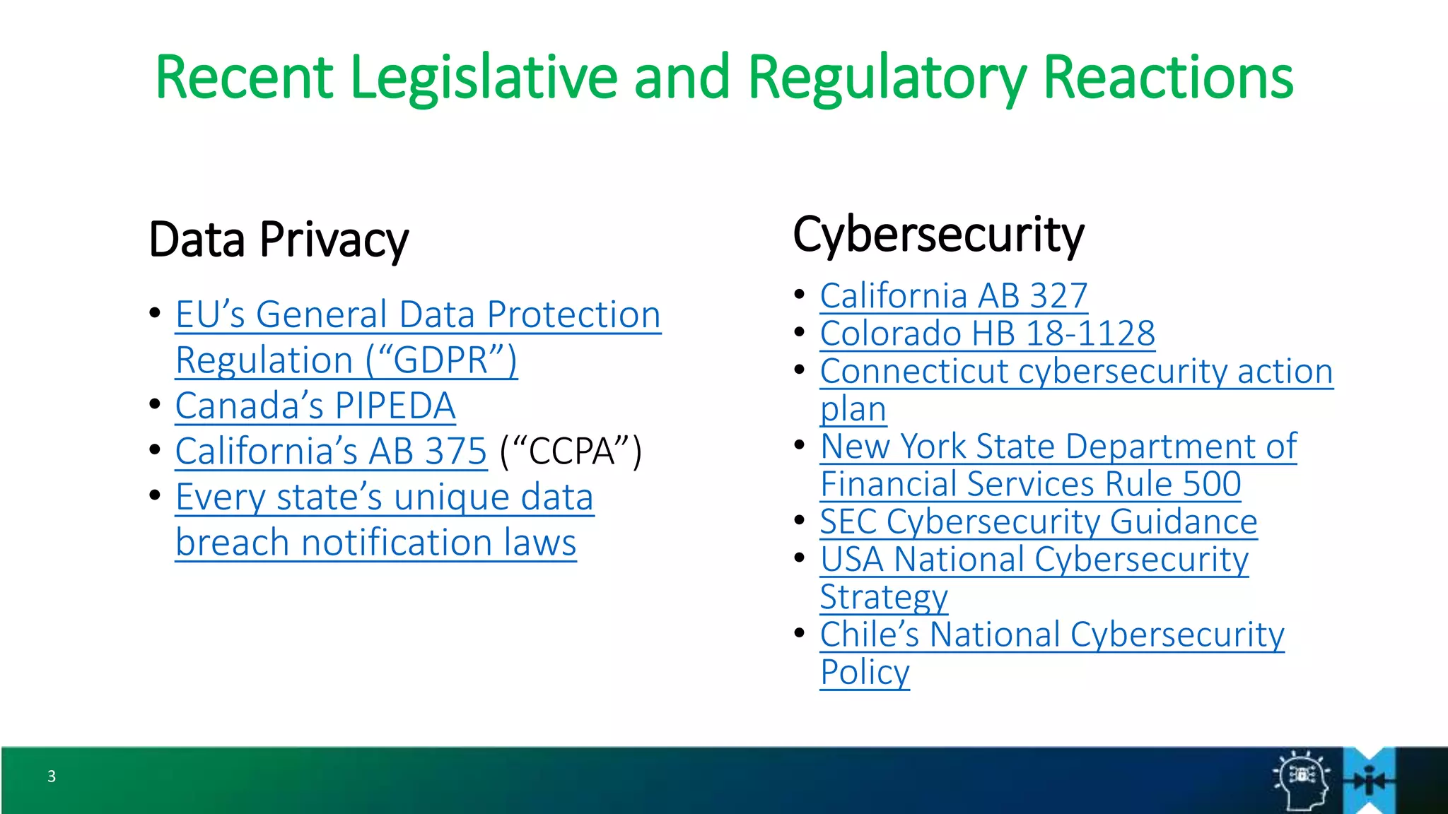 3
Recent Legislative and Regulatory Reactions
Data Privacy
• EU’s General Data Protection
Regulation (“GDPR”)
• Canada’s PIPEDA
• California’s AB 375 (“CCPA”)
• Every state’s unique data
breach notification laws
Cybersecurity
• California AB 327
• Colorado HB 18-1128
• Connecticut cybersecurity action
plan
• New York State Department of
Financial Services Rule 500
• SEC Cybersecurity Guidance
• USA National Cybersecurity
Strategy
• Chile’s National Cybersecurity
Policy
 