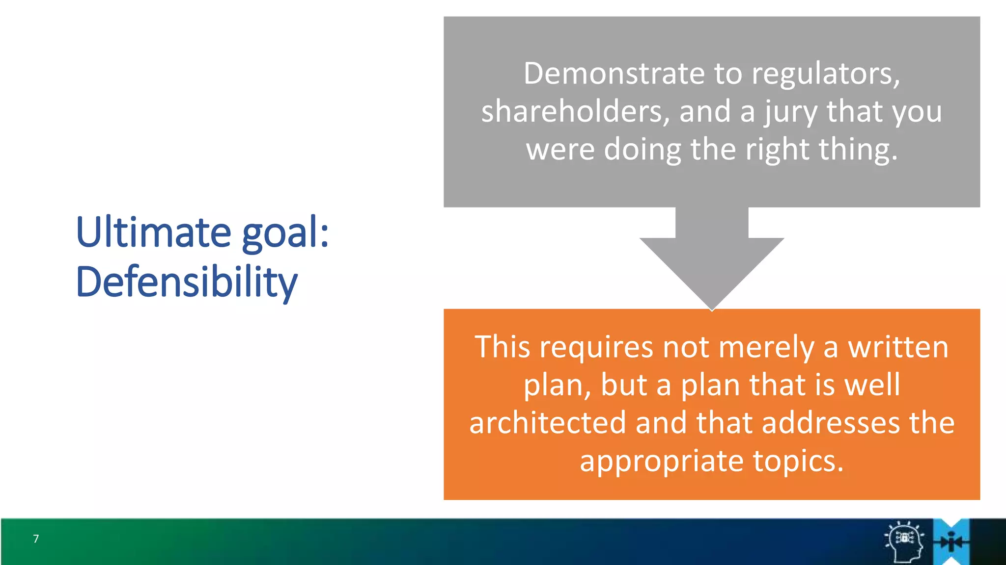 7
Ultimate goal:
Defensibility
This requires not merely a written
plan, but a plan that is well
architected and that addresses the
appropriate topics.
Demonstrate to regulators,
shareholders, and a jury that you
were doing the right thing.
 