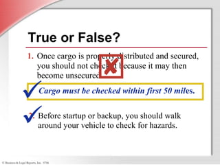 © Business & Legal Reports, Inc. 0706
True or False?
1. Once cargo is properly distributed and secured,
you should not check it because it may then
become unsecured.
2. Before startup or backup, you should walk
around your vehicle to check for hazards.
Cargo must be checked within first 50 miles.



 