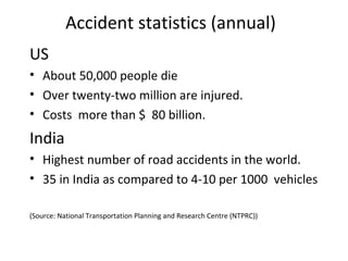 Accident statistics (annual)
US
• About 50,000 people die
• Over twenty-two million are injured.
• Costs more than $ 80 billion.
India
• Highest number of road accidents in the world.
• 35 in India as compared to 4-10 per 1000 vehicles

(Source: National Transportation Planning and Research Centre (NTPRC))
 