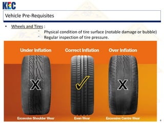 8
Vehicle Pre-Requisites
• Wheels and Tires :
⁻ Physical condition of tire surface (notable damage or bubble)
⁻ Regular inspection of tire pressure.
 