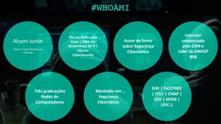 Alcyon Junior
Head of Cyber Security na
POUPEX
Três graduações
Redes de
Computadores
Pós em Redes pela
Cisco | MBA em
Governança de TI |
Pós em
CyberSecurity
Mestrado em
Segurança
Cibernética
Autor de livros
sobre Segurança
Cibernética
EHF | ISO27002
| ITILF | CNAP |
CEH | MVM |
LPIC-1
Instrutor
credenciado
pela EXIN e
Líder da OWASP
BSB
#WHOAMI
 