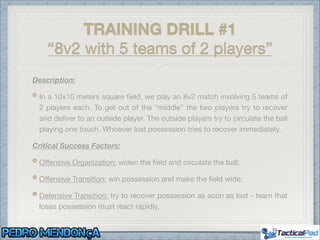 TRAINING DRILL #1
“8v2 with 5 teams of 2 players”
Description:
In a 10x10 meters square ﬁeld, we play an 8v2 match involving 5 teams of
2 players each. To get out of the “middle” the two players try to recover
and deliver to an outside player. The outside players try to circulate the ball
playing one touch. Whoever lost possession tries to recover immediately.

Critical Success Factors:
Oﬀensive Organization: widen the ﬁeld and circulate the ball;

Oﬀensive Transition: win possession and make the ﬁeld wide;

Defensive Transition: try to recover possession as soon as lost - team that
loses possession must react rapidly.
 