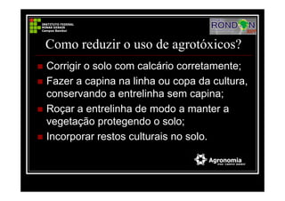 Como reduzir o uso de agrotóxicos?
Corrigir o solo com calcário corretamente;
Fazer a capina na linha ou copa da cultura,
conservando a entrelinha sem capina;
Roçar a entrelinha de modo a manter a
vegetação protegendo o solo;
Incorporar restos culturais no solo.
 