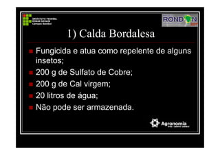 1) Calda Bordalesa
Fungicida e atua como repelente de alguns
insetos;
200 g de Sulfato de Cobre;
200 g de Cal virgem;
20 litros de água;
Não pode ser armazenada.
 