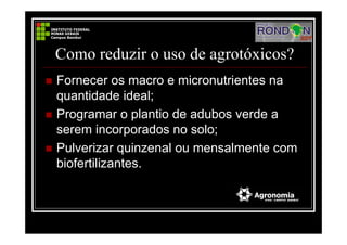 Como reduzir o uso de agrotóxicos?
Fornecer os macro e micronutrientes na
quantidade ideal;
Programar o plantio de adubos verde a
serem incorporados no solo;
Pulverizar quinzenal ou mensalmente com
biofertilizantes.
 