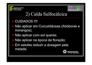 2) Calda Sulfocálcica
CUIDADOS !!!!
Não aplicar em Curcubitáceas (Abóboras e
morangos);
Não aplicar com sol quente;
Não aplicar na época da floração;
Em estufas reduzir a dosagem pela
metade.
 