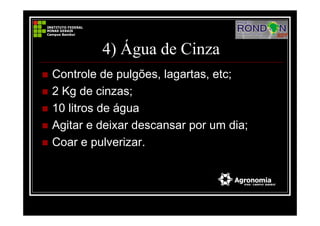 4) Água de Cinza
Controle de pulgões, lagartas, etc;
2 Kg de cinzas;
10 litros de água
Agitar e deixar descansar por um dia;
Coar e pulverizar.
 