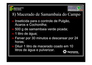 8) Macerado de Samambaia do Campo
Inseticida para o controle de Pulgão,
Ácaros e Cochonilha;
500 g de samambaia verde picada;
1 litro de água;
Ferver por 30 minutos e descansar por 24
horas;
Diluir 1 litro de macerado coado em 10
litros de água e pulverizar.
 