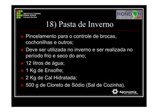 18) Pasta de Inverno
Pincelamento para o controle de brocas,
cochonilhas e outros;
Deve ser utilizada no inverno e ser realizada no
período frio e seco do ano;
12 litros de água;
1 Kg de Enxofre;
2 Kg de Cal Hidratada;
500 g de Cloreto de Sódio (Sal de Cozinha).
 