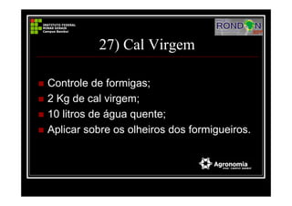 27) Cal Virgem
Controle de formigas;
2 Kg de cal virgem;
10 litros de água quente;
Aplicar sobre os olheiros dos formigueiros.
 