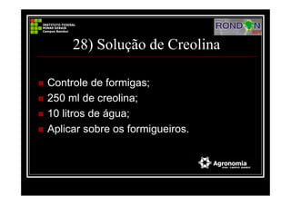 28) Solução de Creolina
Controle de formigas;
250 ml de creolina;
10 litros de água;
Aplicar sobre os formigueiros.
 