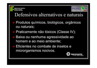 Defensivos alternativos e naturais
Produtos químicos, biológicos, orgânicos
ou naturais;
Praticamente não tóxicos (Classe IV);
Baixa ou nenhuma agressividade ao
homem e ao meio ambiente;
Eficientes no combate de insetos e
microrganismos nocivos.
 