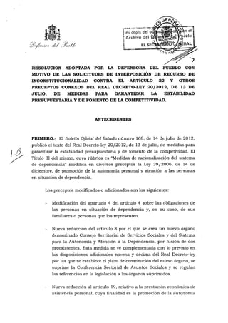 Razonamiento Defensor del Pueblo para no interponer recurso de Inconstitucionalidad RDL 20/2012