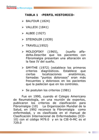 la fibromialgia


         TABLA 1    -PERFIL HISTORICO-

          BALFOUR (1824)

          VALLEIX (1841)

          ALBEE (1927)

          STEINDLER (1939)

          TRAVELL(1952)

          MOLDOFSKY (1965),         (sueño alfa-
          delta.Describe que los pacientes con
          Fibromialgia presentan una alteración en
          la fase IV del sueño.

          SMYTHE (1972) (establece los primeros
          criterios diagnósticos. Establece que
          ciertas    localizaciones    anatómicas,
          llamadas “puntos dolorosos” eran más
          frecuentes y dolorosos en los pacientes
          que la padecían que en los controles.

          Se postulan los criterios (1981)

       Fue en 1990, cuando el Colegio Americano
de Reumatología, en una reunión de expertos,
publicaron los criterios de clasificación para
Fibromialgia (10)    La Organización Mundial de la
Salud, en 1992 reconoce la Fibromialgia como
enfermedad, y es clasificada en el manual de
Clasificación Internacional de Enfermedades (ICD-
10) con el código M79.0 y en la CIE-9-MC es el
729.0


                                                     15
 