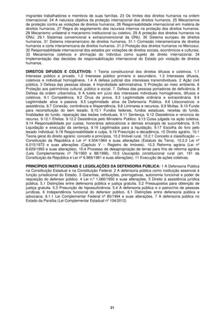 21
migrantes trabalhadores e membros de suas famílias. 23 Os limites dos direitos humanos na ordem
internacional. 24 A natureza objetiva da proteção internacional dos direitos humanos. 25 Mecanismos
de proteção contra as violações de direitos humanos. 26 Responsabilidade internacional em matéria de
direitos humanos. 27 Regra do esgotamento dos recursos internos na proteção dos direitos humanos.
28 Mecanismo unilateral e mecanismo institucional ou coletivo. 29 A proteção dos direitos humanos na
ONU. 29.1 Sistemas convencional e extraconvencional da ONU. 30 Sistema europeu de direitos
humanos. 31 Sistema interamericano de direitos humanos. 31.1 Comissão interamericana de direitos
humanos e corte interamericana de direitos humanos. 31.2 Proteção dos direitos humanos no Mercosul.
32 Responsabilidade internacional dos estados por violações de direitos sociais, econômicos e culturais.
33 Mecanismos coletivos e afirmação do indivíduo como sujeito de direito internacional. 34
Implementação das decisões de responsabilização internacional do Estado por violação de direitos
humanos.
DIREITOS DIFUSOS E COLETIVOS: 1 Teoria constitucional dos direitos difusos e coletivos. 1.1
Interesse público e privado. 1.2 Interesse público primário e secundário. 1.3 Interesses difusos,
coletivos e individual homogêneos. 1.4 A defesa judicial dos interesses transindividuais. 2 Ação civil
pública. 3 Defesa das pessoas idosas. 4 Improbidade administrativa. 5 Proteção ao meio ambiente. 6
Proteção aos patrimônios cultural, público e social. 7. Defesa das pessoas portadoras de deficiência. 8
Defesa da ordem urbanística. 9 A tutela em juízo dos interesses individuais homogêneos, difusos e
coletivos. 9.1 Competência. 9.2 Ônus da prova. 9.3 Legitimidade ordinária e extraordinária. 9.4
Legitimidade ativa e passiva. 9.5 Legitimidade ativa da Defensoria Pública. 9.6 Litisconsórcio e
assistência. 9.7 Conexão, continência e litispendência. 9.8 Liminares e recursos. 9.9 Multas. 9.10 Fundo
para reconstituição do bem lesado. 9.10.1 Fundos federais, fundos estaduais, receitas do fundo,
finalidades do fundo, reparação das lesões individuais. 9.11 Sentença. 9.12 Desistência e renúncia do
recurso. 9.12.1 Efeitos. 9.12.2 Desistência pelo Ministério Público. 9.13 Coisa julgada na ação coletiva.
9.14 Responsabilidade por custas, honorários advocatícios e demais encargos de sucumbência. 9.15
Liquidação e execução da sentença. 9.16 Legitimados para a liquidação. 9.17 Escolha do foro pelo
lesado individual. 9.18 Responsabilidade e culpa. 9.19 Prescrição e decadência. 10 Direito agrário. 10.1
Teoria geral do direito agrário: conceito e princípios. 10.2 Imóvel rural. 10.2.1 Conceito e classificação —
Constituição da República e Lei nº 4.504/1964 e suas alterações (Estatuto da Terra). 10.2.2 Lei nº
6.015/1973 e suas alterações (Capítulo V – Registro de Imóveis). 10.3 Reforma agrária (Lei nº
8.629/1993 e suas alterações). 10.4 Processo de desapropriação de terras para fins de reforma agrária
(Leis Complementares nº 76/1993 e 88/1996). 10.5 Usucapião constitucional rural (art. 191 da
Constituição da República e Lei nº 6.969/1981 e suas alterações). 11 Execução de ações coletivas.
PRINCÍPIOS INSTITUCIONAIS E LEGISLAÇÕES DA DEFENSORIA PÚBLICA: 1 A Defensoria Pública
na Constituição Estadual e na Constituição Federal. 2 A defensoria pública como instituição essencial à
função jurisdicional do Estado. 3 Garantias, atribuições, prerrogativas, autonomia funcional e poder de
requisição do defensor público. 4 Lei n.º 1.060/1950 e suas alterações. 5 Direito à assistência jurídica
pública. 5.1 Distinções entre defensoria pública e justiça gratuita. 5.2 Pressupostos para obtenção de
justiça gratuita. 5.3 Presunção de hipossuficiência. 5.4 A defensoria pública e o patrocínio de pessoas
jurídicas. 6 Independência funcional do defensor público. 6.1 Distinções entre defensoria pública e
advocacia. 6.1.1 Lei Complementar Federal nº 80/1994 e suas alterações. 7 A defensoria pública no
Estado da Paraíba (Lei Complementar Estadual nº 104/2012)
 