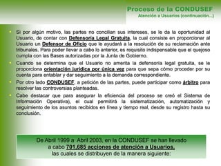 • Si por algún motivo, las partes no concilian sus intereses, se le da la oportunidad al
Usuario, de contar con Defensoría Legal Gratuita, la cual consiste en proporcionar al
Usuario un Defensor de Oficio que le ayudará a la resolución de su reclamación ante
tribunales. Para poder llevar a cabo lo anterior, es requisito indispensable que el quejoso
cumpla con las Bases autorizadas por la Junta de Gobierno.
• Cuando se determina que el Usuario no amerita la defensoría legal gratuita, se le
proporciona orientación jurídica por única vez para que sepa cómo proceder por su
cuenta para entablar y dar seguimiento a la demanda correspondiente.
• Por otro lado CONDUSEF, a petición de las partes, puede participar como árbitro para
resolver las controversias planteadas.
• Cabe destacar que para asegurar la eficiencia del proceso se creó el Sistema de
Información Operativa), el cual permitirá la sistematización, automatización y
seguimiento de los asuntos recibidos en línea y tiempo real, desde su registro hasta su
conclusión.
Atención a Usuarios (continuación...)
Proceso de la CONDUSEF
De Abril 1999 a Abril 2003, en la CONDUSEF se han llevado
a cabo 701,685 acciones de atención a Usuarios,
las cuales se distribuyen de la manera siguiente:
 