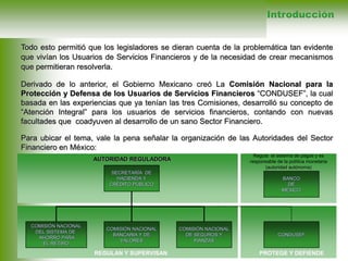 Todo esto permitió que los legisladores se dieran cuenta de la problemática tan evidente
que vivían los Usuarios de Servicios Financieros y de la necesidad de crear mecanismos
que permitieran resolverla.
Derivado de lo anterior, el Gobierno Mexicano creó La Comisión Nacional para la
Protección y Defensa de los Usuarios de Servicios Financieros “CONDUSEF”, la cual
basada en las experiencias que ya tenían las tres Comisiones, desarrolló su concepto de
“Atención Integral” para los usuarios de servicios financieros, contando con nuevas
facultades que coadyuven al desarrollo de un sano Sector Financiero.
Para ubicar el tema, vale la pena señalar la organización de las Autoridades del Sector
Financiero en México:
BANCO
DE
MÉXICO
Regula el sistema de pagos y es
responsable de la política monetaria
(autoridad autónoma)
SECRETARÍA DE
HACIENDA Y
CRÉDITO PÚBLICO
AUTORIDAD REGULADORA
Introducción
COMISIÓN NACIONAL
BANCARIA Y DE
VALORES
COMISIÓN NACIONAL
DE SEGUROS Y
FIANZAS
COMISIÓN NACIONAL
DEL SISTEMA DE
AHORRO PARA
EL RETIRO
REGULAN Y SUPERVISAN
CONDUSEF
PROTEGE Y DEFIENDE
 