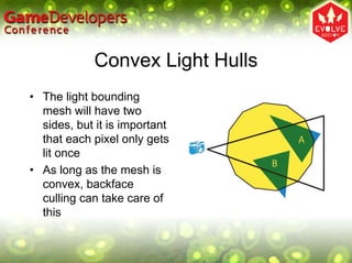 Convex Light Hulls
• The light bounding
  mesh will have two
  sides, but it is important
  that each pixel only gets
  lit once
• As long as the mesh is
  convex, backface
  culling can take care of
  this
 