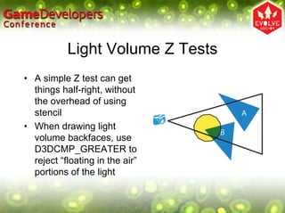 Light Volume Z Tests
• A simple Z test can get
  things half-right, without
  the overhead of using
  stencil
• When drawing light
  volume backfaces, use
  D3DCMP_GREATER to
  reject “floating in the air”
  portions of the light
 