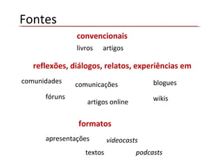convencionais reflexões, diálogos, relatos, experiências em  blogues wikis comunidades  comunicações artigos online fóruns livros  artigos formatos  textos podcasts videocasts apresentações Fontes 