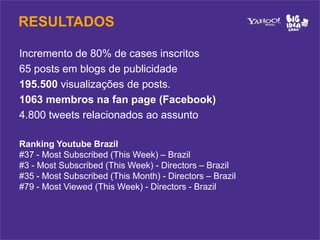 RESULTADOS

Incremento de 80% de cases inscritos
65 posts em blogs de publicidade
195.500 visualizações de posts.
1063 membros na fan page (Facebook)
4.800 tweets relacionados ao assunto

Ranking Youtube Brazil
#37 - Most Subscribed (This Week) – Brazil
#3 - Most Subscribed (This Week) - Directors – Brazil
#35 - Most Subscribed (This Month) - Directors – Brazil
#79 - Most Viewed (This Week) - Directors - Brazil
 
