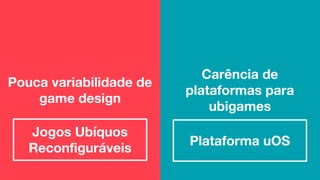 Carência de
plataformas para
ubigames
Pouca variabilidade de
game design
Jogos Ubíquos
Reconfiguráveis
Plataforma uOS
 