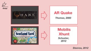 Stenros, 2012
Design
Thomas, 2000
AR Quake
Schuster,
2012
Mobilis
Xhunt
 