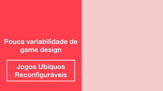 Pouca variabilidade de
game design
Jogos Ubíquos
Reconfiguráveis
 