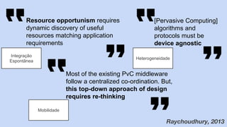 Raychoudhury, 2013
Resource opportunism requires
dynamic discovery of useful
resources matching application
requirements
[Pervasive Computing]
algorithms and
protocols must be
device agnostic
Most of the existing PvC middleware
follow a centralized co-ordination. But,
this top-down approach of design
requires re-thinking
Integração
Espontânea
Mobilidade
Heterogeneidade
 