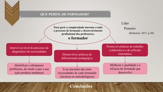Conclusões
QUE PERFIL DE FORMADOR?
Para gerir a complexidade inerente a todo
o processo de formação e desenvolvimento
profissional dos professores,
o formador
Intervir ao nível do processo de
diagnóstico de necessidades
Desenvolver práticas de
diferenciação pedagógica
Promover práticas de trabalho
colaborativo e de reflexão
sistemática
Líder
Pioneiro
(Redecker, 2017, p.30)
Identificar e ultrapassar
problemas, de modo a que a sua
ação produza mudanças
Ir ao encontro das reais
necessidades de cada formando
(técnicas ou metodológicas)
Melhorar a qualidade e a
eficácia da formação que
desenvolve
 